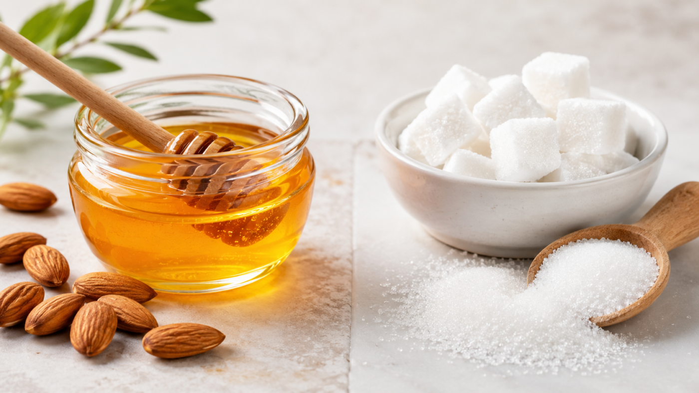Honey vs refined sugar with honey, sugar cubes, and almonds