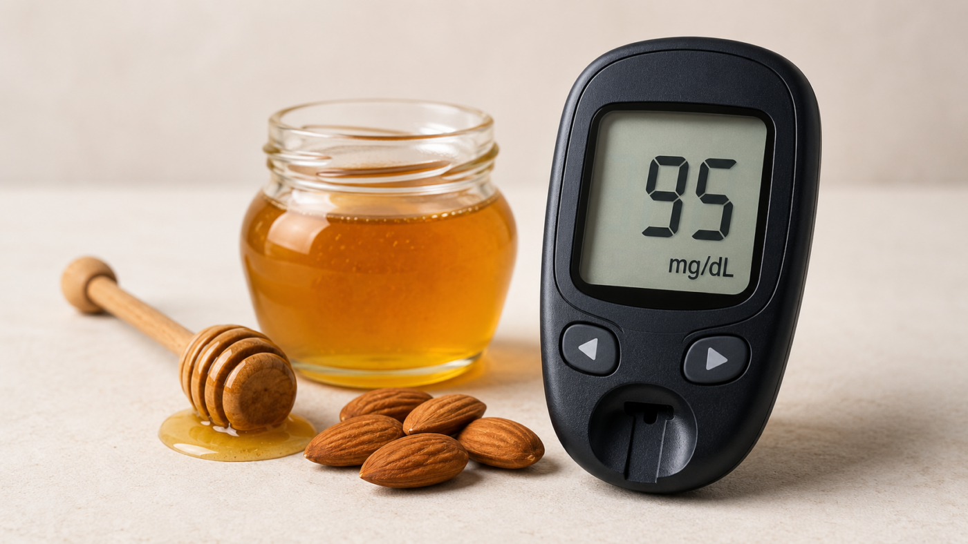 Honey and diabetes with honey, glucose meter concept, and blood sugar research