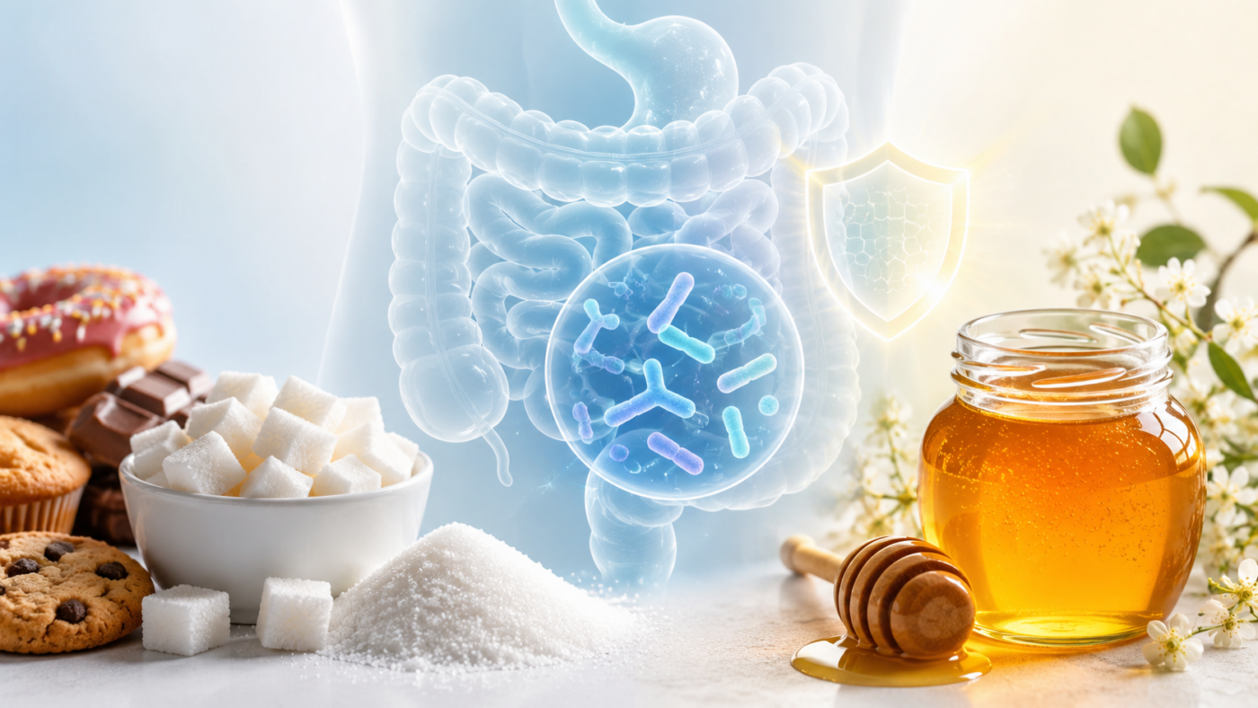 Sugar, gut health, and the microbiome with immune system concept